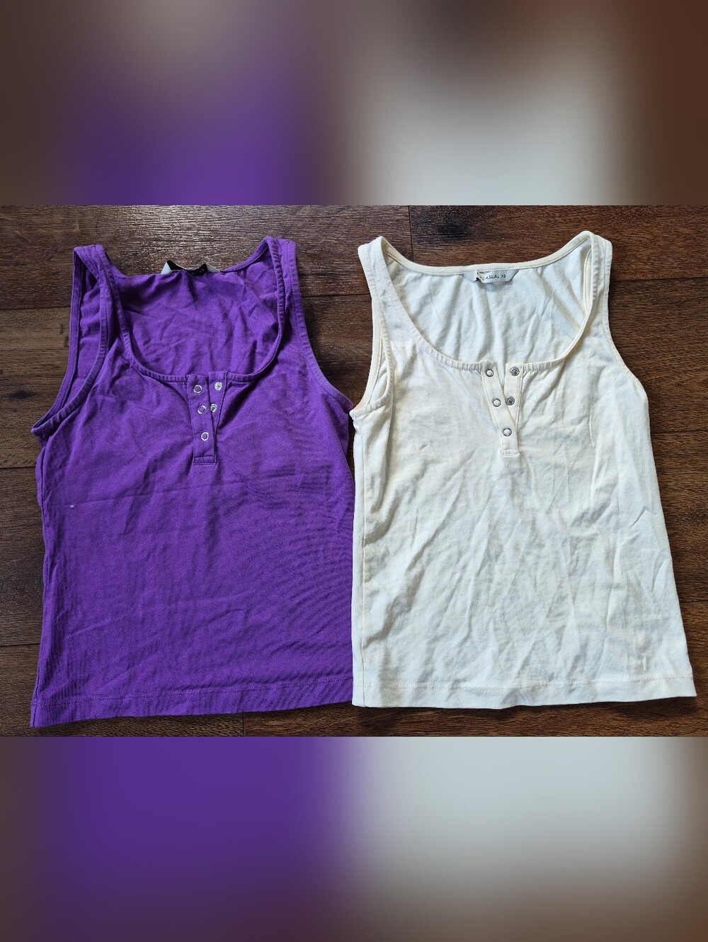 NEW LCW 2 Henley Tank Tops 3 Snaps Purple & Ivory/Cream Sz XS
